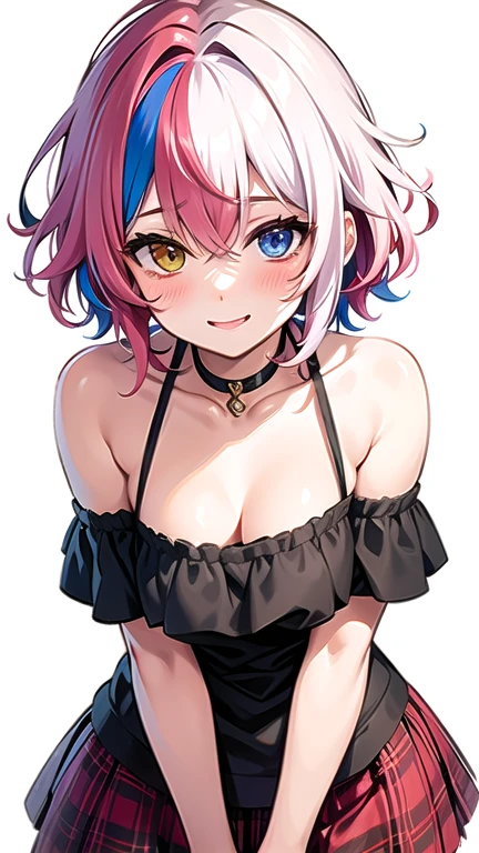 multi-colored hair, short hair, happy expression , blushing very hard, detailed eyes, heterochromia, hair over one eye, messy hair, streaked hair, radiant smille, daring outfit