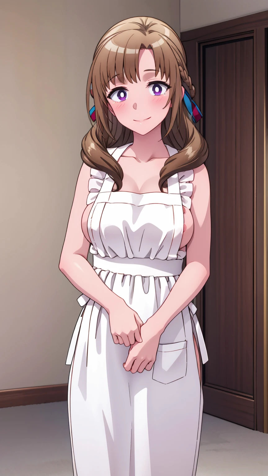 masterpiece, (best quality), 8k uhd, girl, (mamako oosuki), (naked),brown hair, long hair, (hair down), purple eyes, mature female, white shirt, pants, sweater, big breasts, ribbon, sexy woman, smile, (suspender naked apron), apron only,embarrassed, blush, bare shoulders, vibrant colors , natural lighting, beautiful, (detailed face:1.2), showcase, (perfect eyes:1.1) , (photorealistic:1.1), looking at viewer, outdoors