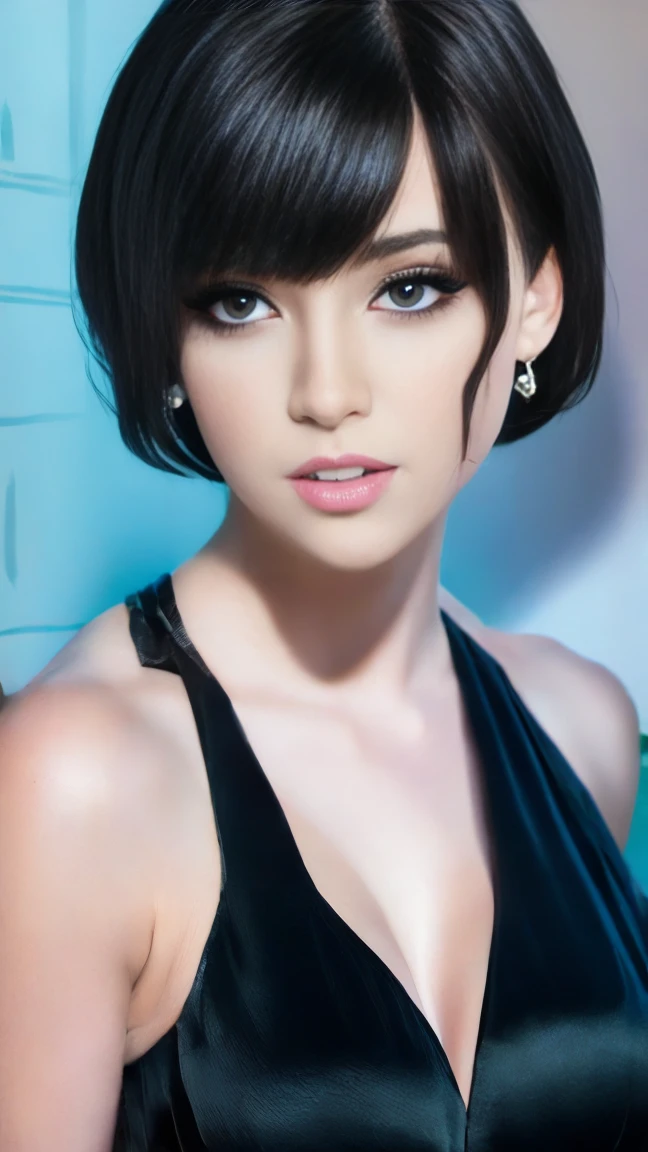 (masterpiece, best quality:1.2),bellissima, realistic, xcharleston style, 1girl, short hair, black hair, 1boy, dress, jewelry, earrings, blunt bangs, black dress, makeup, formal, suit, realistic