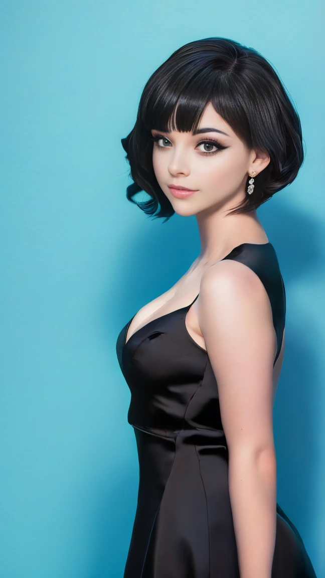 (masterpiece, best quality:1.2),bellissima, realistic, xcharleston style, 1girl, short hair, black hair, 1boy, dress, jewelry, earrings, blunt bangs, black dress, makeup, formal, suit, realistic