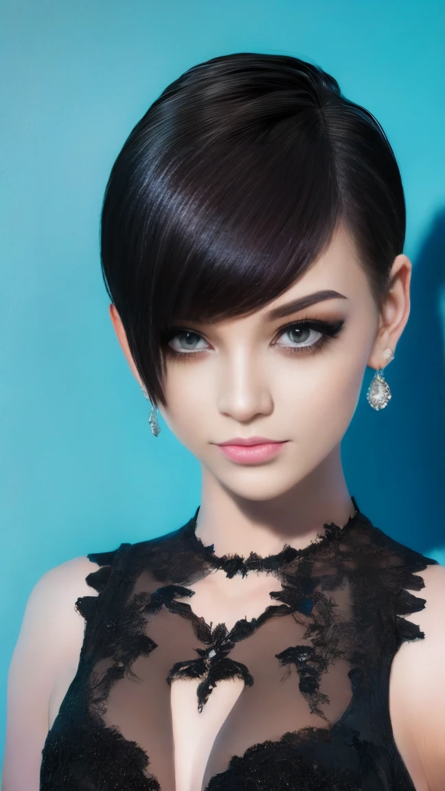 (masterpiece, best quality:1.2),bellissima, realistic, xcharleston style, 1girl, short hair, black hair, 1boy, dress, jewelry, earrings, blunt bangs, black dress, makeup, formal, suit, realistic