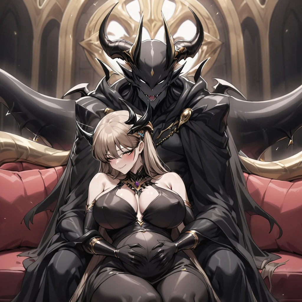 ((Highest quality)), ((masterpiece)), (detailed), (Perfect Face)、The woman is a jet-black devil、The woman is a jet-black female demon with magnificent demon horns and a jet-black tail, her skin is the same black as the Demon King, and she is wearing a seductive and luxurious jet-black dress of the Demon Queen. Her name is Princess Leona, a jet-black demon with medium-long light brown hair. The man and woman are cuddling happily on a large sofa.、The woman is sitting happily on a large sofa, snuggled up to her beloved husband, the powerful demon king.、A strong demon king is sitting on a large sofa in front of a luxurious demon altar, embracing his wife, the demon queen Leona.、the woman is pregnant