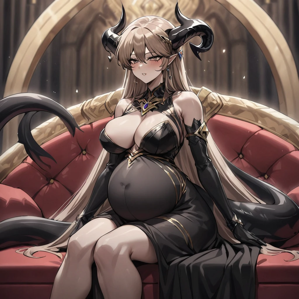 ((Highest quality)), ((masterpiece)), (detailed), （Perfect Face）、The woman is a jet-black devil、The woman is a jet-black female demon with magnificent demon horns and a jet-black tail, her skin is the same black as the Demon King, and she is wearing a  and luxurious jet-black dress of the Demon Queen. Her name is Princess Leona, a jet-black demon with medium-long light brown hair. The man and woman are cuddling happily on a large sofa.、The woman is sitting happily on a large sofa, snuggled up to her beloved husband, the powerful demon king.、A strong demon king is sitting on a large sofa in front of a luxurious demon altar, embracing his wife, the demon queen Leona.、the woman is pregnant