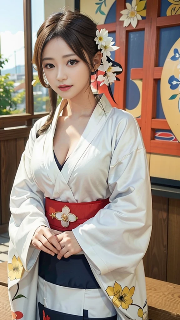 (Tabletop, Highest quality:1.4), Beautiful Face, 8K, 85mm, Absurd, (white kimono、kimono、Shrine maiden:1.4), Show your whole body, Side angle、Show your shoulders,Cleavage of the breast、To the camera、 Viola Lace, Gardenia, Delicate girl, alone, night, Looking at the audience, Film Grain, chromatic aberration, Sharp focus, Face Light, Professional Lighting, Sophisticated, (smile:0.4), Cleavage, (Simple Background, Background blur:1.2), Detailed aspect、Huge breasts