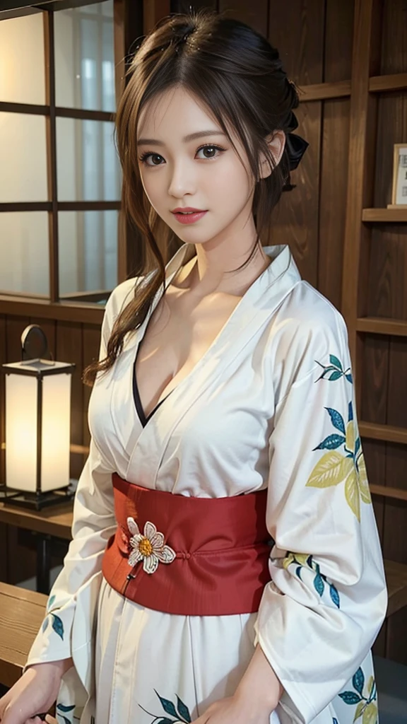 (Tabletop, Highest quality:1.4), Beautiful Face, 8K, 85mm, Absurd, (white kimono、kimono、Shrine maiden:1.4), Show your whole body, Side angle、Show your shoulders,Cleavage of the breast、To the camera、 Viola Lace, Gardenia, Delicate girl, alone, night, Looking at the audience, Film Grain, chromatic aberration, Sharp focus, Face Light, Professional Lighting, Sophisticated, (smile:0.4), Cleavage, (Simple Background, Background blur:1.2), Detailed aspect、Huge breasts, ((Detailed eyes and face, Professional photography techniques, Cinema Lighting)), (Highest quality、8K,masterpiece:1.2, RAW Photos)