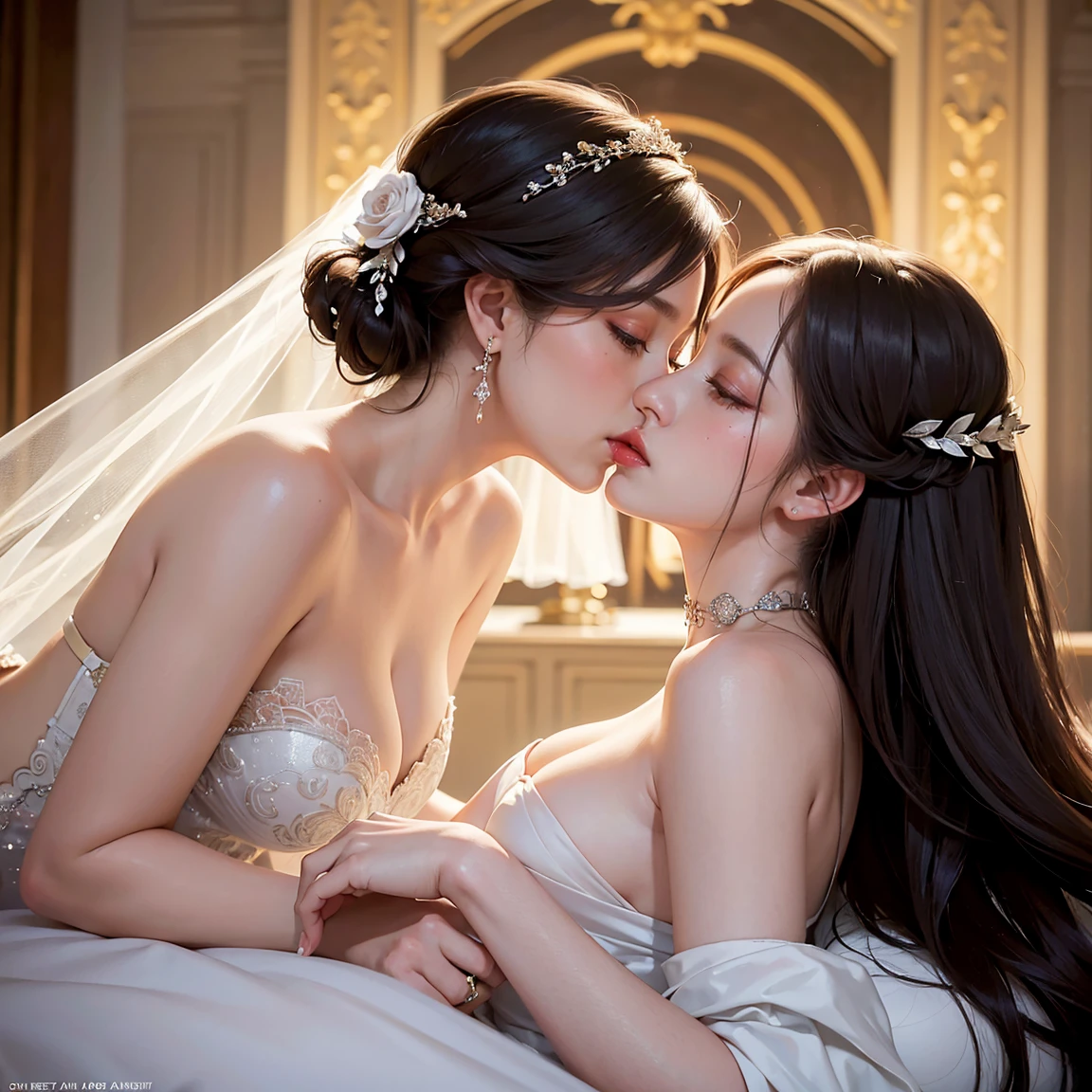 (masterpiece, highest quality, official art, beauty and aesthetic), two stunning bride is deeply in love with each other, kiss