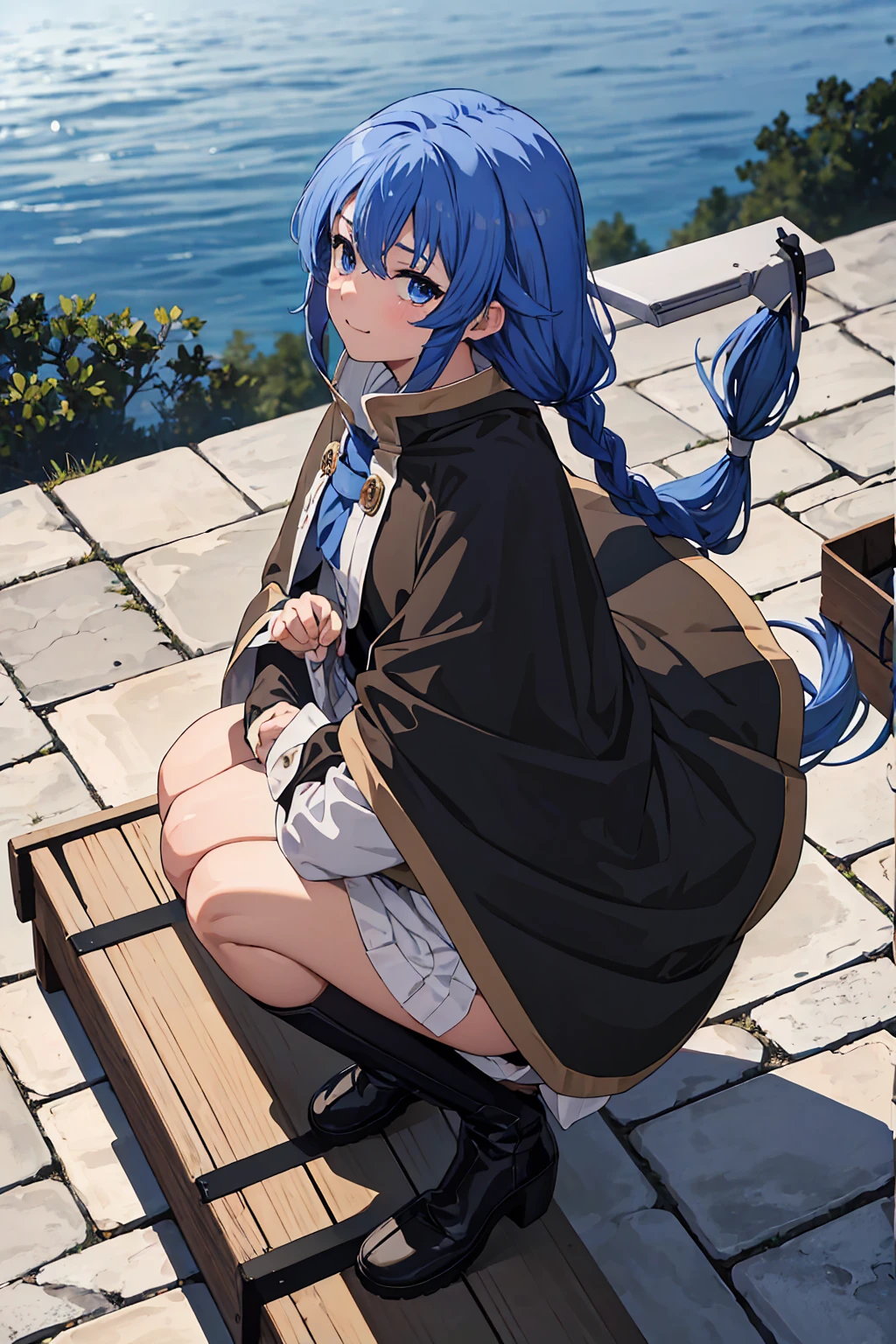 (Highest quality:1.5, High resolution, 超High resolution, 4K, Detailed lighting, Shaders)One Girl, Roxy Migurdia, witch Hat, blue eyes, Blue Hair, Twin Blade, Twin tails, (Brown coat:1.1), Cape, Robe, Braided Ponytail, Knee Boots, witch, Holding, , Black socks, ヘアribbon, ribbon, View your viewers, socks, smile, Mouth closed, plein air, sun,, (Tabletop:1.2), High resolution, Highest quality, 8K, Very very clear(((,squat　Panty shot)))++　　Beautiful feet1人, Roxy Migurdia, witch Hat, blue eyes, Blue Hair, Twin Blade, Twin tails, (Brown coat:1.1), Cape, Robe, Braided Ponytail, Knee Boots, witch, Holding, , Black socks, ヘアribbon, ribbon, View your viewers, socks, smile, Mouth closed, plein air, sun,, (Tabletop:1.2), High resolution, Highest quality, 8K, Very very clear(((,squat　Panty shot)))++　　Beautiful feet