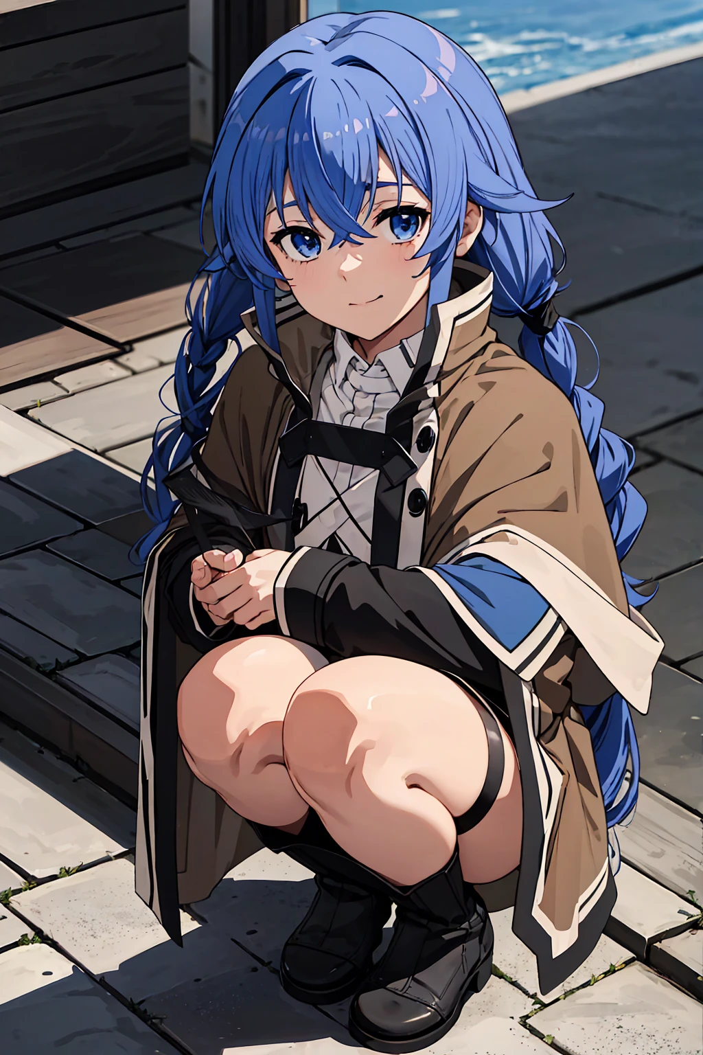 (Highest quality:1.5, High resolution, 超High resolution, 4K, Detailed lighting, Shaders)One Girl, Roxy Migurdia, witch Hat, blue eyes, Blue Hair, Twin Blade, Twin tails, (Brown coat:1.1), Cape, Robe, Braided Ponytail, Knee Boots, witch, Holding, , Black socks, ヘアribbon, ribbon, View your viewers, socks, smile, Mouth closed, plein air, sun,, (Tabletop:1.2), High resolution, Highest quality, 8K, Very very clear(((,squat Panty shot)))++ Beautiful feet1人, Roxy Migurdia, witch Hat, blue eyes, Blue Hair, Twin Blade, Twin tails, (Brown coat:1.1), Cape, Robe, Braided Ponytail, Knee Boots, witch, Holding, , Black socks, ヘアribbon, ribbon, View your viewers, socks, smile, Mouth closed, plein air, sun,, (Tabletop:1.2), High resolution, Highest quality, 8K, Very very clear(((,squat Panty shot)))++ Beautiful feet