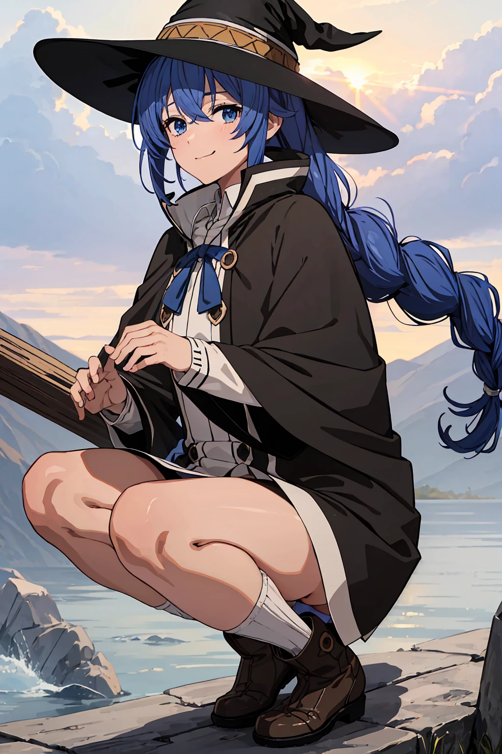 (Highest quality:1.5, High resolution, 超High resolution, 4K, Detailed lighting, Shaders)One Girl, Roxy Migurdia, witch Hat, blue eyes, Blue Hair, Twin Blade, Twin tails, (Brown coat:1.1), Cape, Robe, Braided Ponytail, Knee Boots, witch, Holding, , Black socks, ヘアribbon, ribbon, View your viewers, socks, smile, Mouth closed, plein air, sun,, (Tabletop:1.2), High resolution, Highest quality, 8K, Very very clear(((,squat Panty shot)))++ Beautiful feet1人, Roxy Migurdia, witch Hat, blue eyes, Blue Hair, Twin Blade, Twin tails, (Brown coat:1.1), Cape, Robe, Braided Ponytail, Knee Boots, witch, Holding, , Black socks, ヘアribbon, ribbon, View your viewers, socks, smile, Mouth closed, plein air, sun,, (Tabletop:1.2), High resolution, Highest quality, 8K, Very very clear(((,squat Panty shot)))++ Beautiful feet