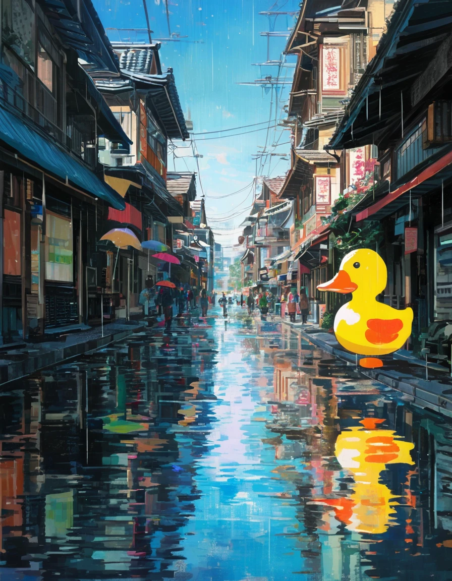 ultra-detailed:1.3, ultra delicate and detailed scenery:1.3, (absurdres, texture, masterpiece), Pop art, art brut, by John Berkey, focus on puddles, tonalism, pixiv contest winner,((Super multiple exposure effect where the background can be seen through the scenery)), beautiful afternoon scene with light rain in rainy season, the puddles forming on the asphalt ground quietly spreading out many ripples:1.2, Many brightly colorful modern buildings are reflecting beautiful scenery. Giant sized duck toy appears from behined the building. A few sunny dolls known as Teruteru bozu are hanging from eaves. People with umbrellas are walking through traditional shopping streets and people without umbrellas are quickly returning home. ,more detail XL,