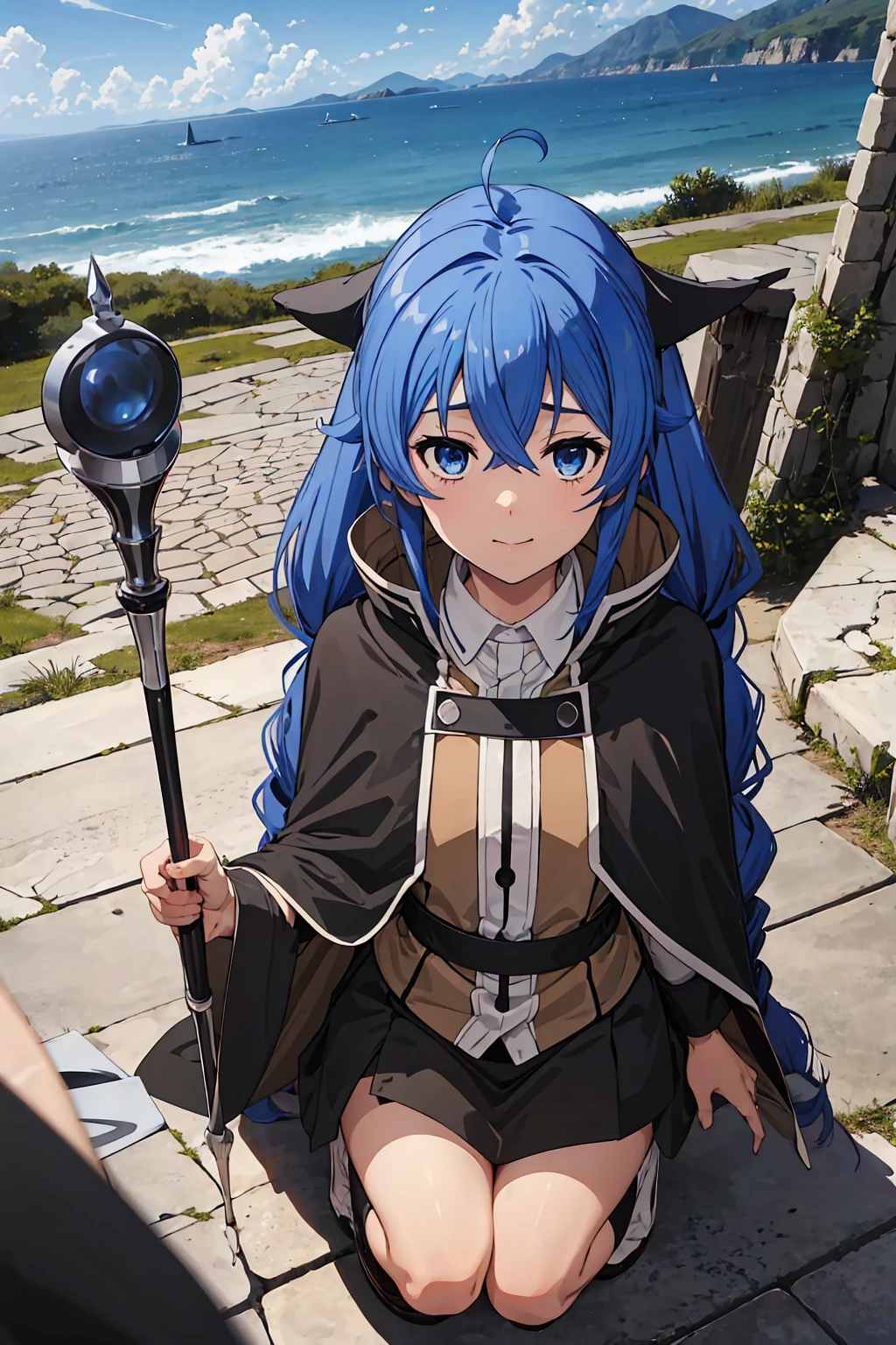 (Highest quality:1.5, High resolution, 超High resolution, 4K, Detailed lighting, Shaders)One Girl, Roxy Migurdia, witch Hat, blue eyes, Blue Hair, Twin Blade, Twin tails, (Brown coat:1.1), Cape, Robe, Braided Ponytail, Knee Boots, witch, Holding, , Black socks, ヘアribbon, ribbon, View your viewers, socks, smile, Mouth closed, plein air, sun,, (Tabletop:1.2), High resolution, Highest quality, 8K, Very very clear(((,squat Panty shot)))++ Beautiful feet1人, Roxy Migurdia, witch Hat, blue eyes, Blue Hair, Twin Blade, Twin tails, (Brown coat:1.1), Cape, Robe, Braided Ponytail, Knee Boots, witch, Holding, , Black socks, ヘアribbon, ribbon, View your viewers, socks, smile, Mouth closed, plein air, sun,, (Tabletop:1.2), High resolution, Highest quality, 8K, Very very clear(((,squat Panty shot)))++ Beautiful feet