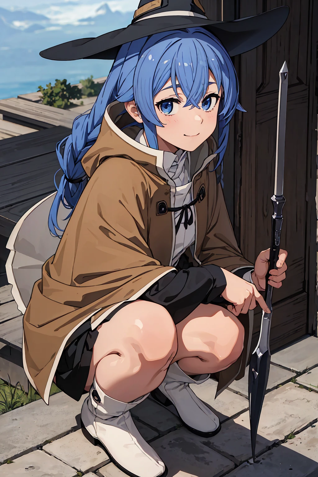 (Highest quality:1.5, High resolution, 超High resolution, 4K, Detailed lighting, Shaders)One Girl, Roxy Migurdia, witch Hat, blue eyes, Blue Hair, Twin Blade, Twin tails, (Brown coat:1.1), Cape, Robe, Braided Ponytail, Knee Boots, witch, Holding, , Black socks, ヘアribbon, ribbon, View your viewers, socks, smile, Mouth closed, plein air, sun,, (Tabletop:1.2), High resolution, Highest quality, 8K, Very very clear(((,squat Panty shot)))++ Beautiful feet1人, Roxy Migurdia, witch Hat, blue eyes, Blue Hair, Twin Blade, Twin tails, (Brown coat:1.1), Cape, Robe, Braided Ponytail, Knee Boots, witch, Holding, , Black socks, ヘアribbon, ribbon, View your viewers, socks, smile, Mouth closed, plein air, sun,, (Tabletop:1.2), High resolution, Highest quality, 8K, Very very clear(((,squat Panty shot)))++ Beautiful feet
