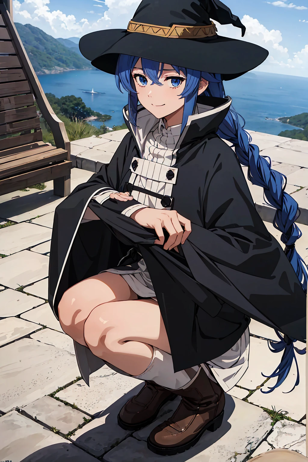 (Highest quality:1.5, High resolution, 超High resolution, 4K, Detailed lighting, Shaders)One Girl, Roxy Migurdia, witch Hat, blue eyes, Blue Hair, Twin Blade, Twin tails, (Brown coat:1.1), Cape, Robe, Braided Ponytail, Knee Boots, witch, Holding, , Black socks, ヘアribbon, ribbon, View your viewers, socks, smile, Mouth closed, plein air, sun,, (Tabletop:1.2), High resolution, Highest quality, 8K, Very very clear(((,squat Panty shot)))++ Beautiful feet1人, Roxy Migurdia, witch Hat, blue eyes, Blue Hair, Twin Blade, Twin tails, (Brown coat:1.1), Cape, Robe, Braided Ponytail, Knee Boots, witch, Holding, , Black socks, ヘアribbon, ribbon, View your viewers, socks, smile, Mouth closed, plein air, sun,, (Tabletop:1.2), High resolution, Highest quality, 8K, Very very clear(((,squat Panty shot)))++ Beautiful feet