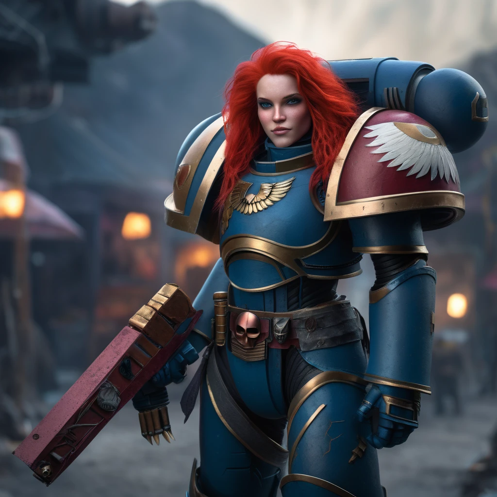 raw photo of a girl with a beautiful face and Crimson hair standing in village, smiling and looking at the viewer, she is wearing heavy armor, warhammer 40k, space marine, award winning photography, highly detailed, ultra detailed, 4k, 8k, wallpaper