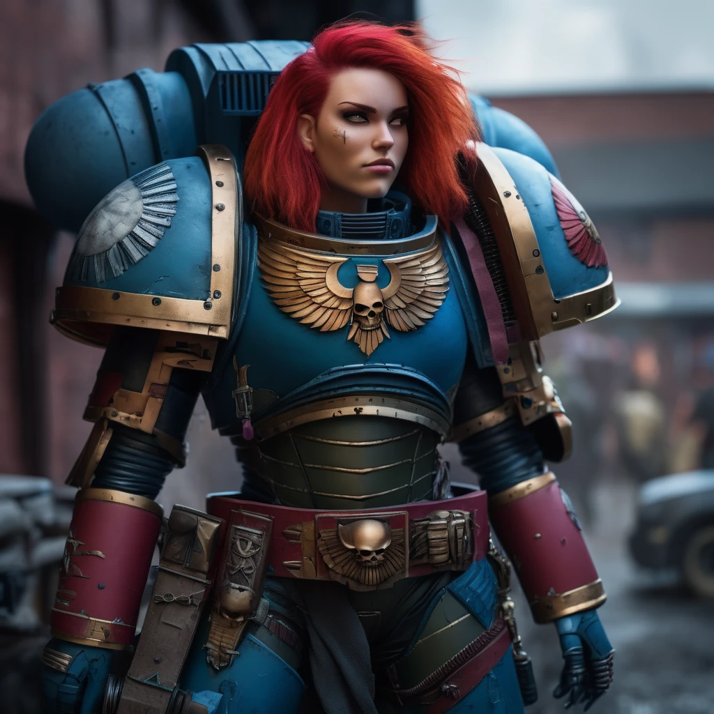 raw photo of a girl with a beautiful face and Crimson hair standing in village, smiling and looking at the viewer, she is wearing heavy armor, warhammer 40k, space marine, award winning photography, highly detailed, ultra detailed, 4k, 8k, wallpaper