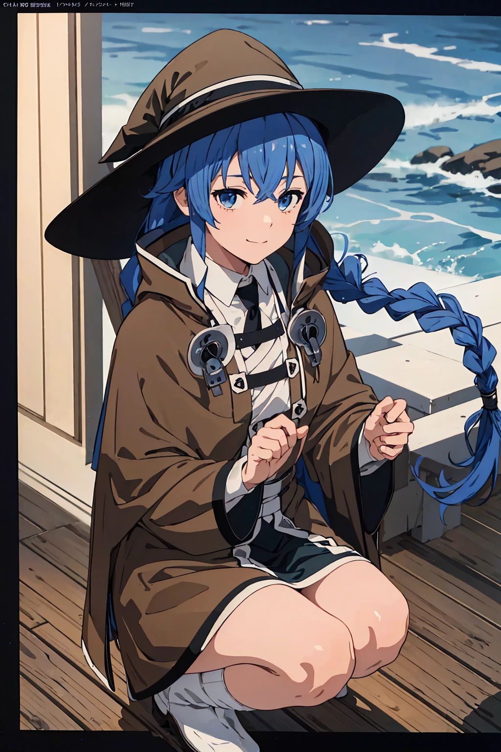 (Highest quality:1.5, High resolution, 超High resolution, 4K, Detailed lighting, Shaders)One Girl, Roxy Migurdia, witch Hat, blue eyes, Blue Hair, Twin Blade, Twin tails, (Brown coat:1.1), Cape, Robe, Braided Ponytail, Knee Boots, witch, Holding, , Black socks, ヘアribbon, ribbon, View your viewers, socks, smile, Mouth closed, plein air, sun,, (Tabletop:1.2), High resolution, Highest quality, 8K, Very very clear(((,squat　Panty shot)))++　　Beautiful feet1人, Roxy Migurdia, witch Hat, blue eyes, Blue Hair, Twin Blade, Twin tails, (Brown coat:1.1), Cape, Robe, Braided Ponytail, Knee Boots, witch, Holding, , Black socks, ヘアribbon, ribbon, View your viewers, socks, smile, Mouth closed, plein air, sun,, (Tabletop:1.2), High resolution, Highest quality, 8K, Very very clear(((,squat　Panty shot)))++　　Beautiful feet