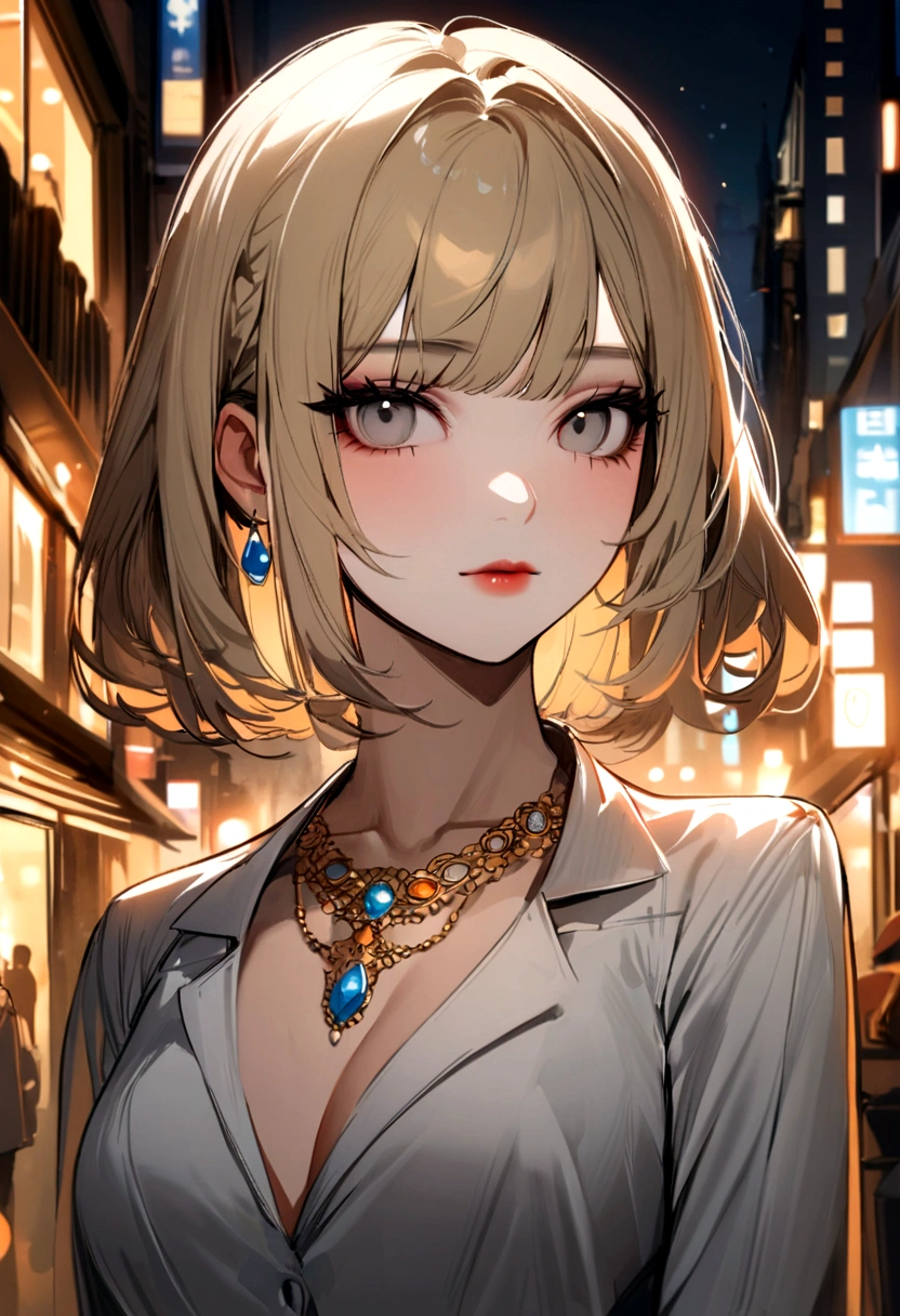Curled bob cut, platinum hair woman in orange collared shirt posing to take photo in city, 8K artgerm Bokeh, well-proportioned body, beautiful korean woman, gorgeous necklace, beautiful young korean woman, soft portrait shot 8 K, korean girl, double and narrow eyes, beautiful gray eyes, Los Tran 8 K, Cute young woman, Korean woman, beautiful blonde girl
