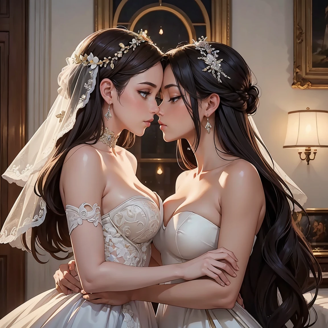 (masterpiece, highest quality, official art, beauty and aesthetic), two stunning bride is deeply in love with each other, kiss