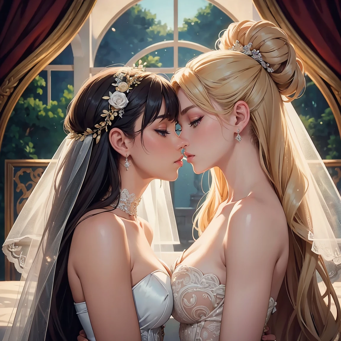 (masterpiece, highest quality, official art, beauty and aesthetic), two stunning bride is deeply in love with each other, kiss