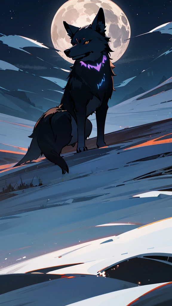Black wolf in the moonlight in the distance a beautiful landscape