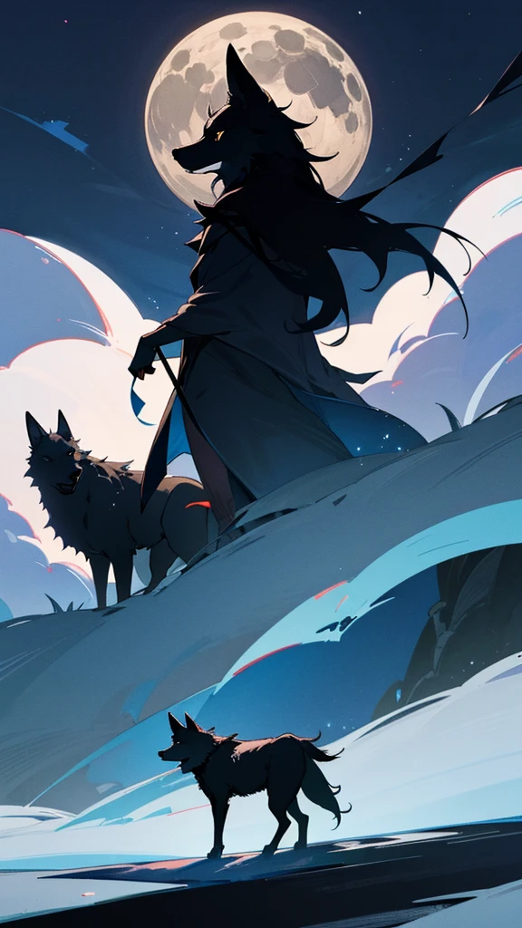 Black wolf in the moonlight in the distance a beautiful landscape 