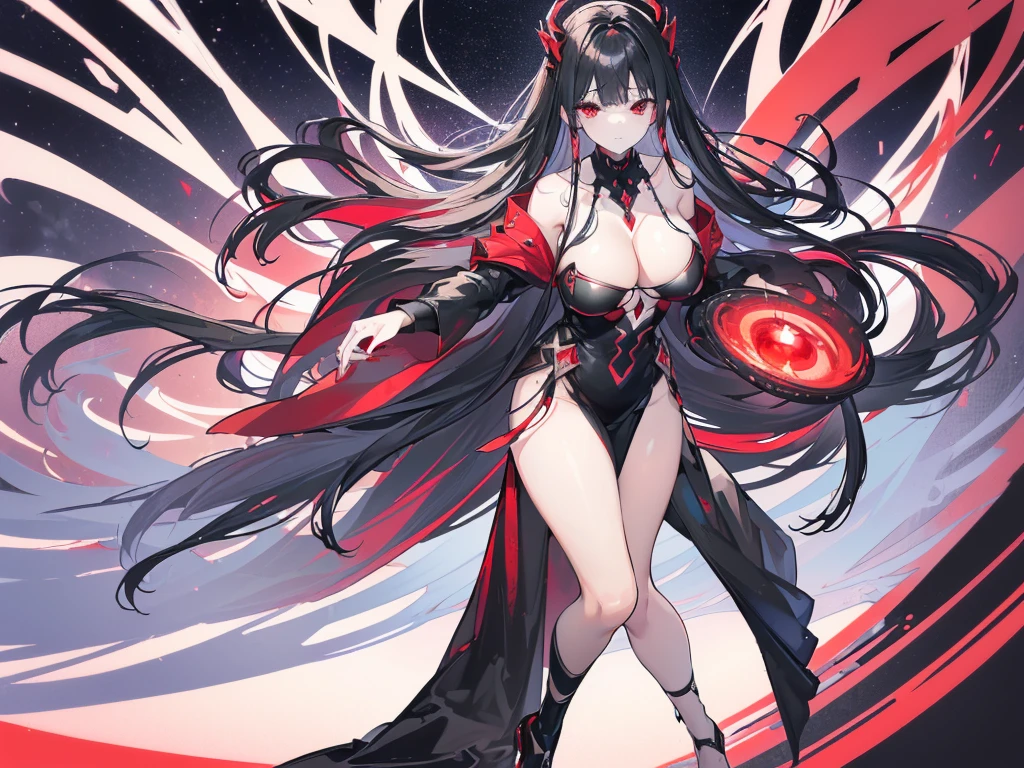 (Exquisite eyes),(Clear and beautiful eyes:1.61),masterpiece, 1 young girl,(Black clothes and some red gems), Black long hair, (She has a huge red gem on her chest), Good Hand,((The Havoc of StarCraft)),full-body shot,Fighting Stance,(Red Eyes:1.466)，short and small,(Very big breasts:1.35),(Pretty Face),(full-body shot:1.33),Beautiful hands