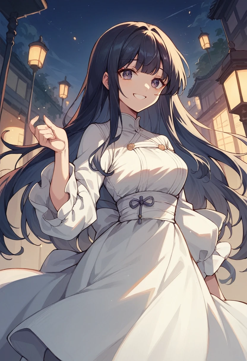 A Japanese girl in her twenties、With bangs,Black long hair,Night Park,white dress,Smiling