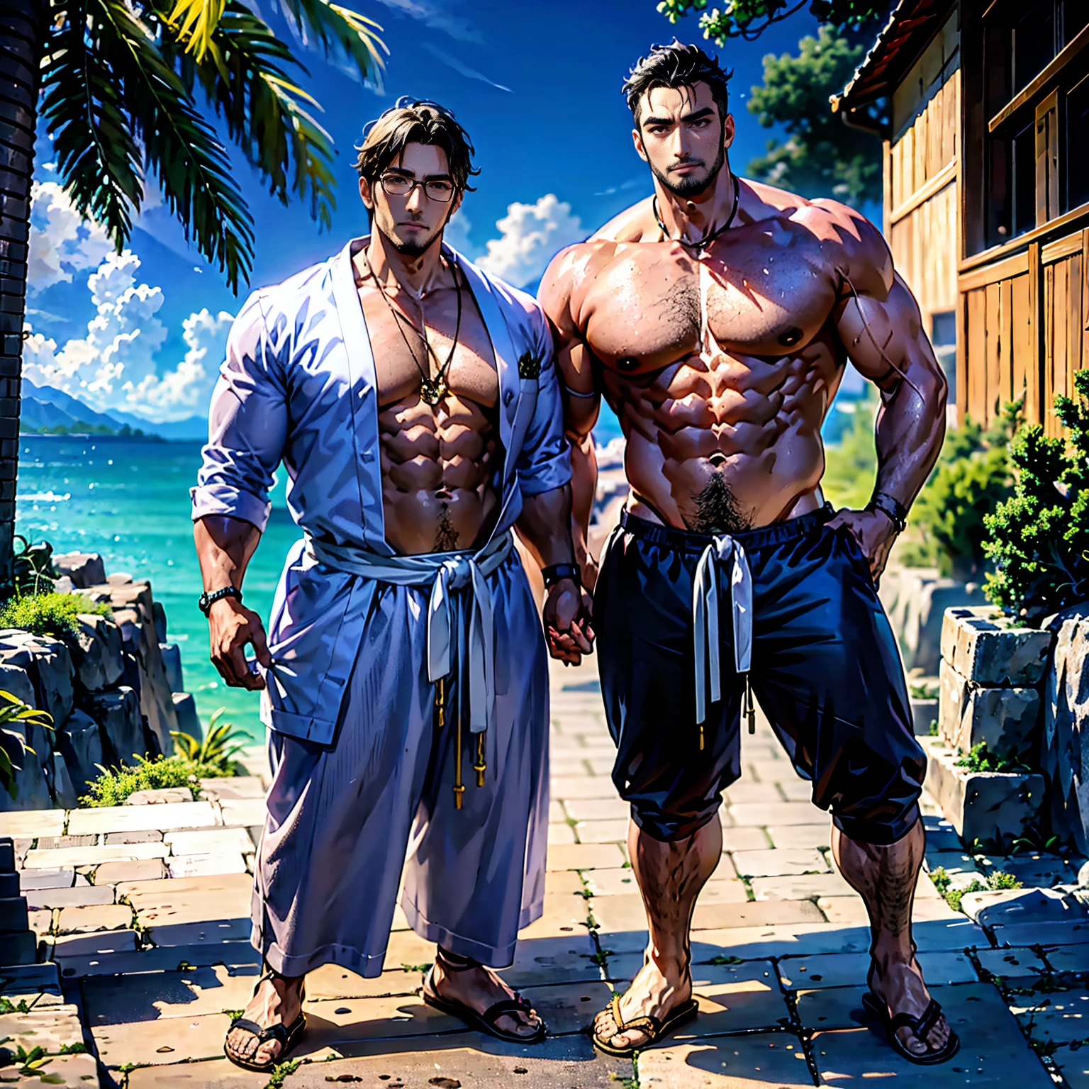 Full body, 18 cm tall, 80 kg, anime style, Japanese male, 35 years old mature and handsome, face full of masculinity and charm, mature, dark black eyebrows, kind and strong personality, black eyes, black hair, fine hair, broad face, uncle like a bear, beautiful and handsome face, mature man with six pack and sexy muscles, wears square glasses, poses sexy, wears white shirt, wears sandals, poses begging,