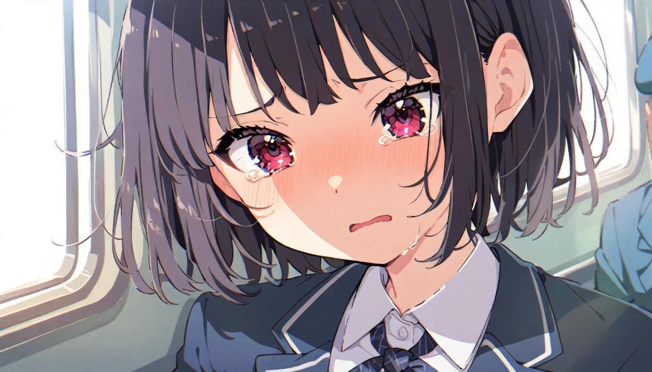 A girl with short black hair and small breasts in a blazer uniform is crying in disgust after being held down by a molester and forcibly kissed on a train