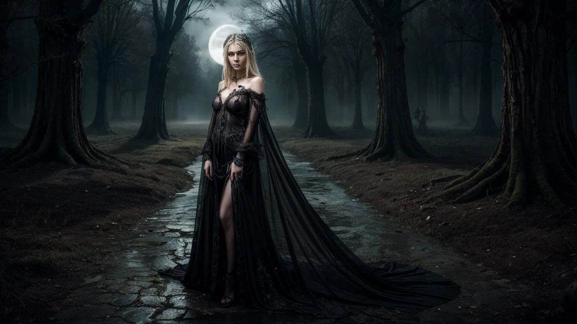 Create the fullbody image of a handsome vampire, Blonde Hair, Just Woke Up from a Deep Sleep, noble and elegant girl, Beautiful alluring colorless eyes, A vampire with a refined and elegant appearance, she has a lot of time, Loose hair and angular features, her skin should be pale and flawless, With a touch of potus transcendental beauty, her eyes should be deep and seductive, With a predatory glow, An allusion to their insatiable bloodlust, (They have to wear sheer erotic clothes, That are transparent, modern and timeless), Her style refers to the long history of human life, When she wakes up from a deep sleep, she Should Exercise Calm Confidence, Exudes an aura of danger and intrigue, The background should be shrouded in shadow, Just a hint of moonlight broke through the darkness, In the hands of vampires, There should be a small vial of blood, Based on their latest victims, she should be content and a little worried about their hunger, How would they know about the danger, What is presented to others, gothic art style, Ultra-realistic realism, Psychedelic surrealist art, Surreal psychedelic design, Dreaming style, psychedelic art, Quality Quantity, skin texture, intricate details, (cinematic graphic lighting), RAW, 8K, Outdoor Swamp Environment