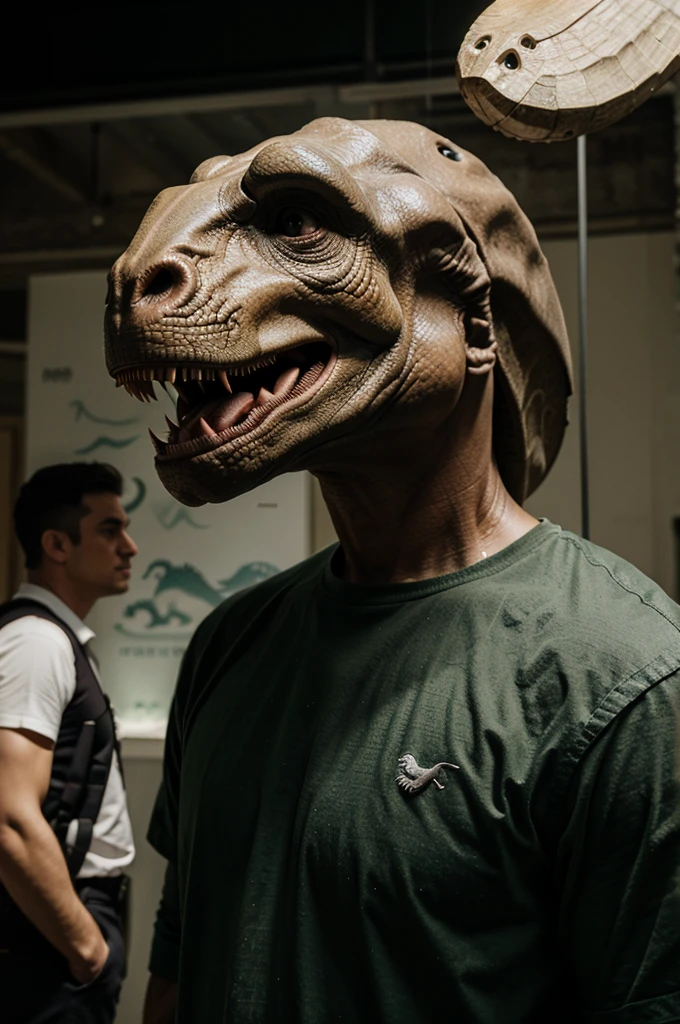 A man with a human body and a dinosaur head