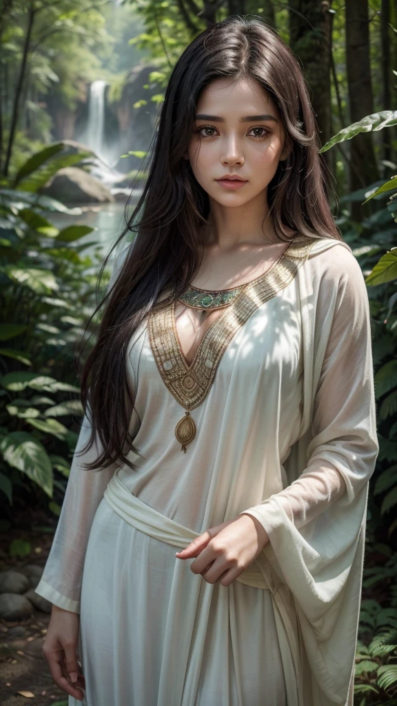 The Indian of the forest:brunette skin: Portray a woman with dark skin, that reflects the connection with the earth.Olhos dark e misteriosos: Your eyes must be deep, dark, and full of mystery, with a shine that suggests kept secrets.long black hair: Hair must be long, black as night, flowing gently in the wind.Adornments and clothing:Seeds and feathers: She must be adorned with seeds and feathers, representing indigenous history and culture.Traditional clothing: Dressed in traditional attire that reflects the simplicity and majesty of the forest.Forest environment:green bushes: Background with a dense, green forest, rich in botanical details.natural elements: Include elements like red earth, serene waters of a river or lake, and a gentle breeze moving the leaves.Symbols of strength and peace:warrioress: India must exude strength and serenity, with a confident and dignified posture.Mother earth: Incorporate symbols that represent the connection with the earth and nature, like hibiscus and jasmine flowers, which also add a touch of sweetness and seduction.artistic style:Realism with touches of fantasy: the image must be detailed and realistic, but with a mystical and enchanting aura.Vibrant and natural colors: Use a color palette that includes lush greens, Earthy tones, and sunset glows to enhance the natural beauty.