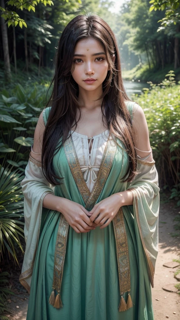 The Indian of the forest:brunette skin: Portray a woman with dark skin, that reflects the connection with the earth.Olhos dark e misteriosos: Your eyes must be deep, dark, and full of mystery, with a shine that suggests kept secrets.long black hair: Hair must be long, black as night, flowing gently in the wind.Adornments and clothing:Seeds and feathers: She must be adorned with seeds and feathers, representing indigenous history and culture.Traditional clothing: Dressed in traditional attire that reflects the simplicity and majesty of the forest.Forest environment:green bushes: Background with a dense, green forest, rich in botanical details.natural elements: Include elements like red earth, serene waters of a river or lake, and a gentle breeze moving the leaves.Symbols of strength and peace:warrioress: India must exude strength and serenity, with a confident and dignified posture.Mother earth: Incorporate symbols that represent the connection with the earth and nature, like hibiscus and jasmine flowers, which also add a touch of sweetness and seduction.artistic style:Realism with touches of fantasy: the image must be detailed and realistic, but with a mystical and enchanting aura.Vibrant and natural colors: Use a color palette that includes lush greens, Earthy tones, and sunset glows to enhance the natural beauty.
