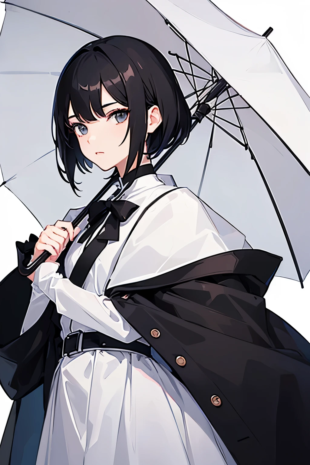 ((1 character)), 2d masculino, feminine traits, arte anime, white clothing with black details, white and black hair, shorth hair feminino, ((shorth hair)), muka feminino, muka , androgenero, black umbrella, stylish umbrella, simple art, Simple sketch, ((muka sangrando))