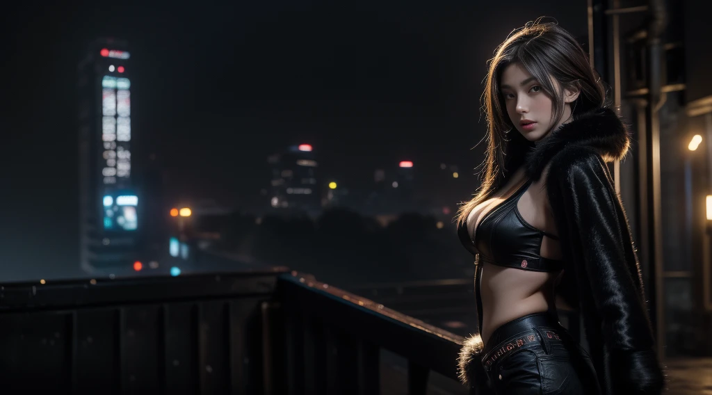 (((a medium-breast bikini slim GIRL))), a balcony of a futuristic building, aerial view of an ultra-futuristic megalopolis, many metal buildings and houses in dark colors from dark blue to black, a cidade tem tons de cinza metal, has smoky metal structures , industrial environment with smoke and fog around, carros escuros nas ruas, desert megalopolis, trilhos e trens modernos de de metal passando estre as ruas da cidade, tall futuristic metal buildings, many ultra modern buildings around, realistic, detailed, Science fiction