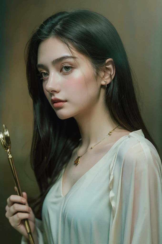 ( masterpiece, top quality, best quality,8k,17 years old girl,ultra detailed,raw photo:1.5),(photorealistic:1.4), (cinematic lighting), looking at the camera, PerfectNwsjMajic, , Surrealism, UHD, ccurate, Super detail, textured skin, High detail, Best quality, dynamic angle, White skin,[Beautiful blue eyes], high nose,[flat chest:large breasts:0.5],(1girl),(good anatomy:0.5)), Dreamy atmosphere, Dark,expressive brush strokes, mystical ambiance, Artistic interpretation, Stunning Studio Ghibli style costumes, a whimsical illustration, Subtle colors and tones, mystical aura, jewelry ,sparkling,loose hair 