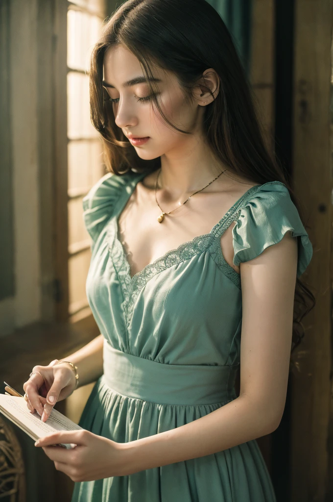 ( masterpiece, top quality, best quality,8k,17 years old girl,ultra detailed,raw photo:1.5),(photorealistic:1.4), (cinematic lighting), looking at the camera, PerfectNwsjMajic, , Surrealism, UHD, ccurate, Super detail, textured skin, High detail, Best quality, dynamic angle, White skin,[Beautiful blue eyes], high nose,[flat chest:large breasts:0.5],(1girl),(good anatomy:0.5)), Dreamy atmosphere, Dark,expressive brush strokes, mystical ambiance, Artistic interpretation, Stunning Studio Ghibli style costumes, a whimsical illustration, Subtle colors and tones, mystical aura, jewelry ,sparkling,loose hair 