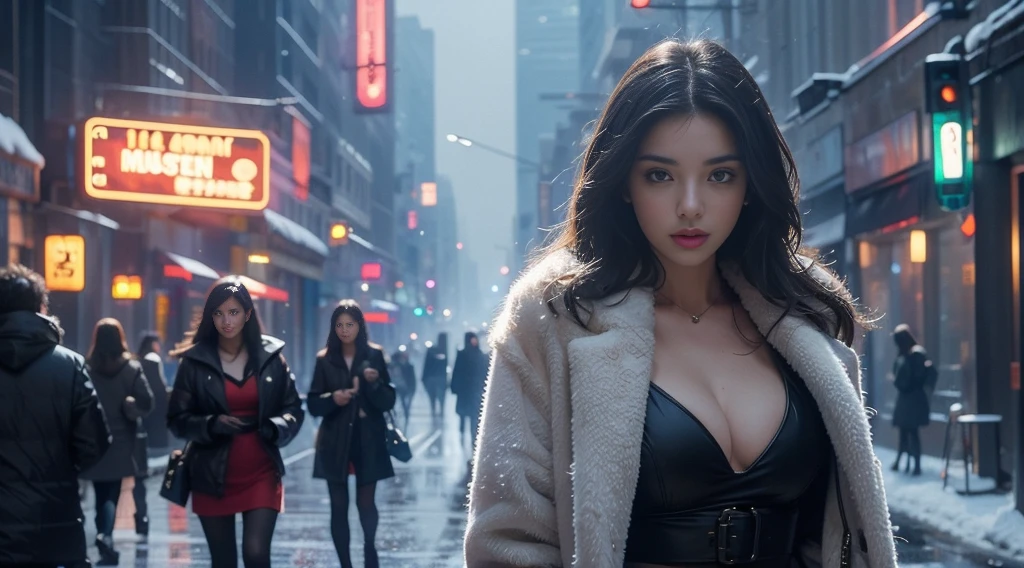 masterpiece，quality，Best quality at best，Official Art，（Beauty and aesthetics：1.2），（masterpiece：1.3），The city of the future，Cyberpunk Characters，A girl，Fur coat，No underwear，Sexy body，Looking at the camera，（Close-up cleavage：1.8），Volumetric Fog，snow，snow，drama，Christmas Eve