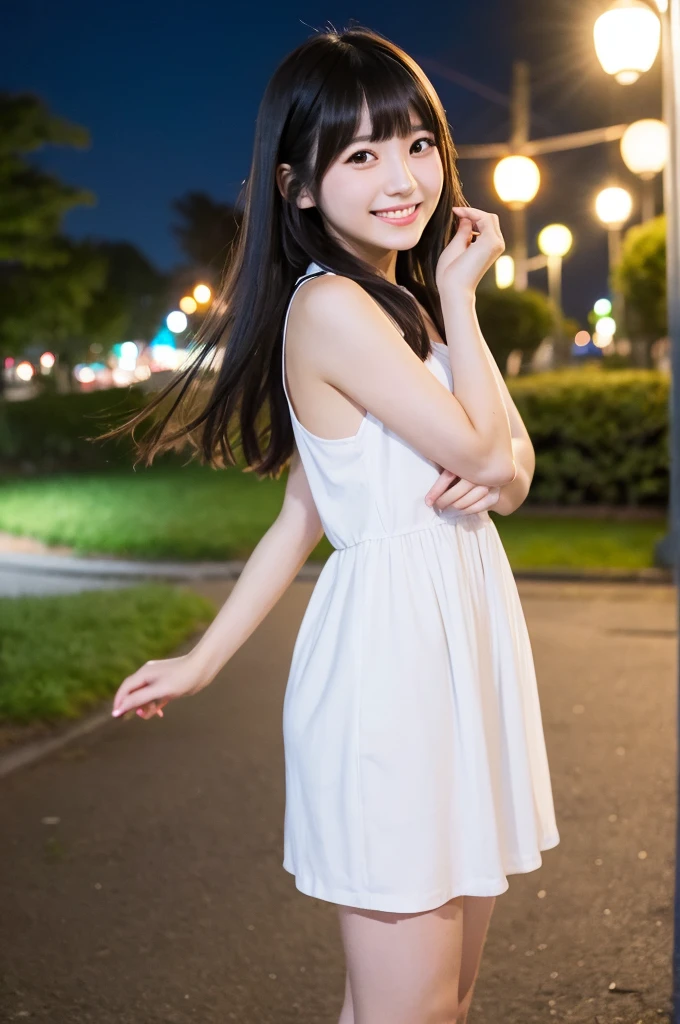 A Japanese girl in her twenties、With bangs,Black long hair,Night Park,white dress,Smiling