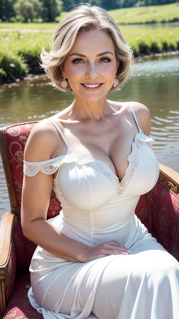 Realistic portrait of a busty woman, 60 years old, wearing white dresses elegant motif. She should have a natural appearance, curvaceous forms, blue eyes, gray hair, smile, Shoot this image in high resolution with a 35mm lens to get a good perspective. Sitting on the chair, river and Meadow views 