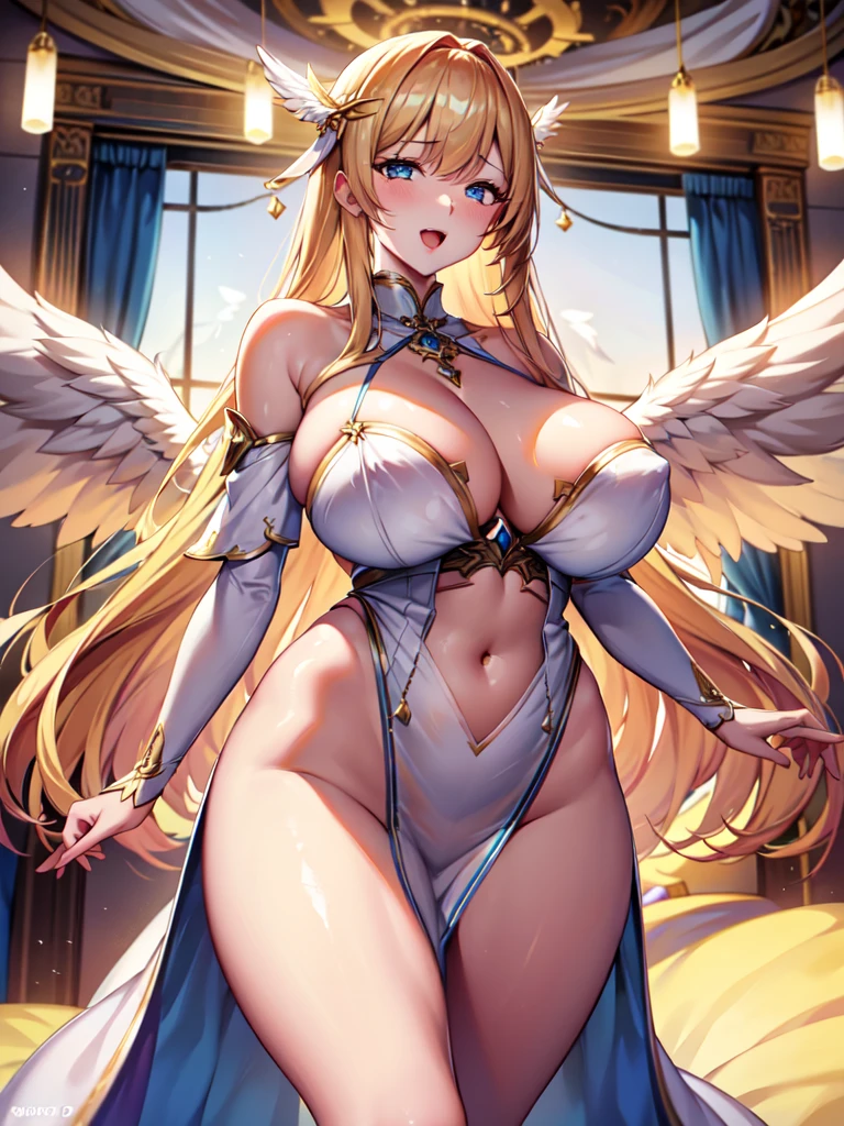 最high quality, high quality, 8K、High resolution,Highest quality、solo、From below、白いビキニを着ているtallのadult female angel、大きな白い翼が特徴的なadult female angel、Thighs、tall、super Wide Angel, Open Mouth Smile、Thighs、Naturally Shaped Fingers、Long neck、from the front、Background of a bright room with a chandelier、belly button、Blonde hair and blue eyes、Majestic Angel, Anime Goddess, Wide Angel, thick, Beautiful and attractive anime woman, Huge and stunning goddess shots, Angel Adult Woman, adult female angel, She has angel wings on her back,Highly detailed goddess shot