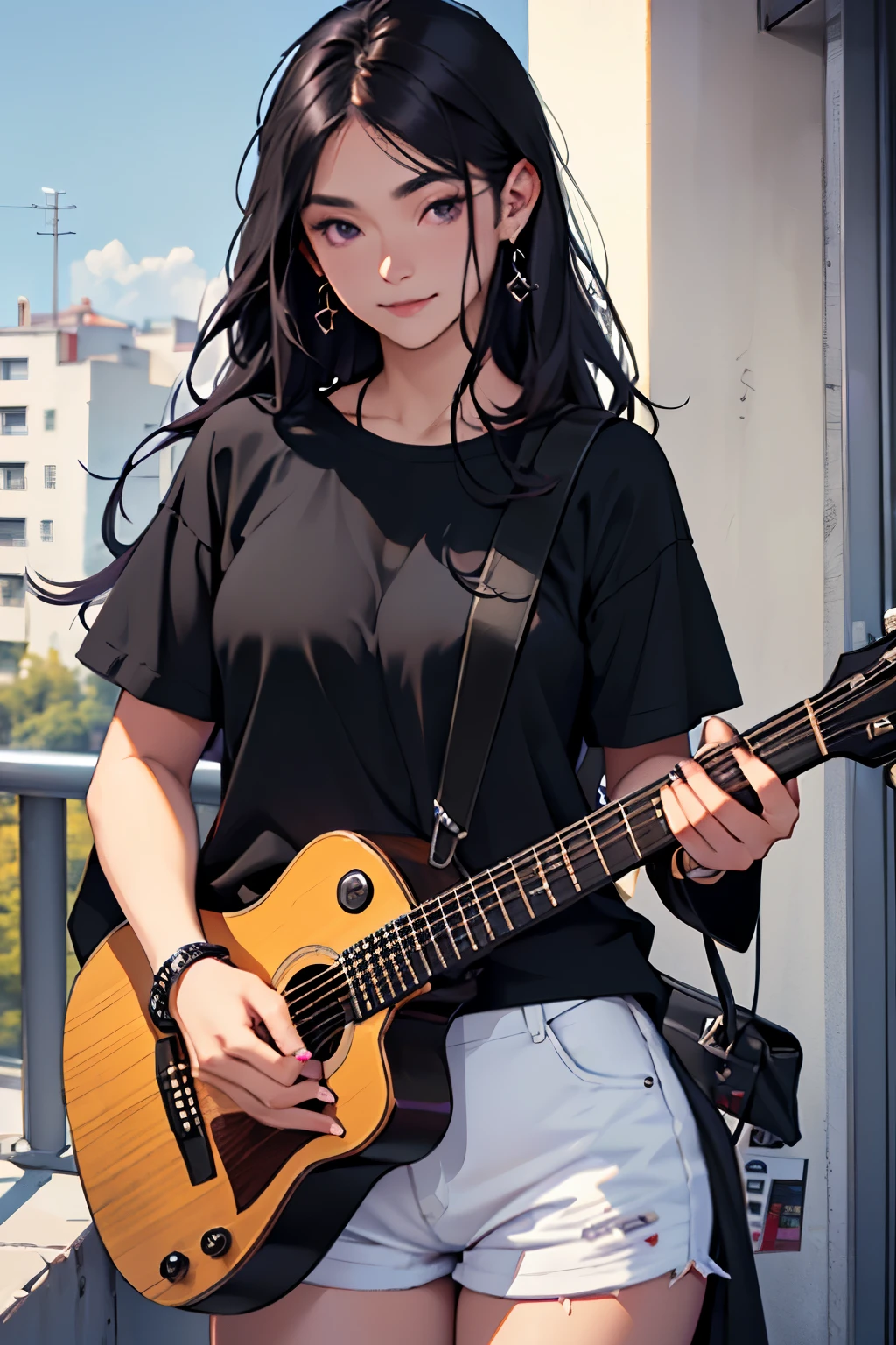 21 years old girl, very cute, with black bracelet in her hand,black black top short, white short jean, curve body, holding a an acoustic guitar, singing, camera lens 1.4,dorm balcony, looking at camera,happy, long hair, purple nails,
