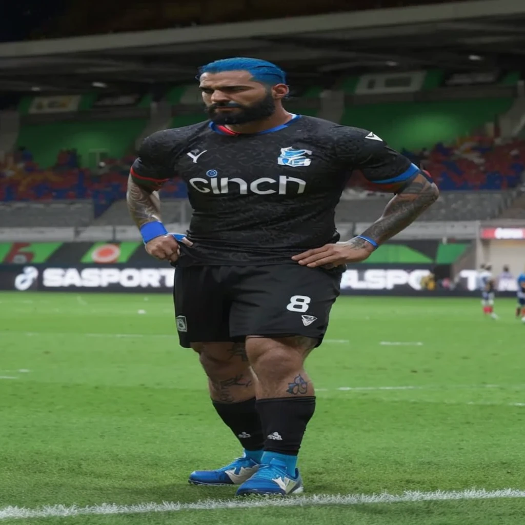 Create an ultra-realistic football game scene in a stylized stadium, where a football player with vibrant blue hair and beard, wearing the Italian national team uniform with the number 8, is about to kick the ball. The player sports intricate tattoos on his arms and legs. Ao fundo, a towering mural of a black wolf under a stormy, snowing sky adorns the stadium, while other players, referees and fans contribute to the dynamic and intense atmosphere of the game.