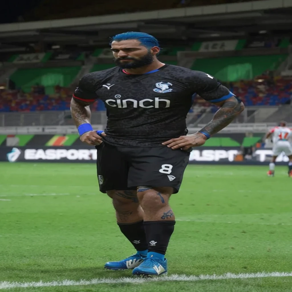 Create an ultra-realistic football game scene in a stylized stadium, where a football player with vibrant blue hair and beard, wearing the Italian national team uniform with the number 8, is about to kick the ball. The player sports intricate tattoos on his arms and legs. Ao fundo, a towering mural of a black wolf under a stormy, snowing sky adorns the stadium, while other players, referees and fans contribute to the dynamic and intense atmosphere of the game.