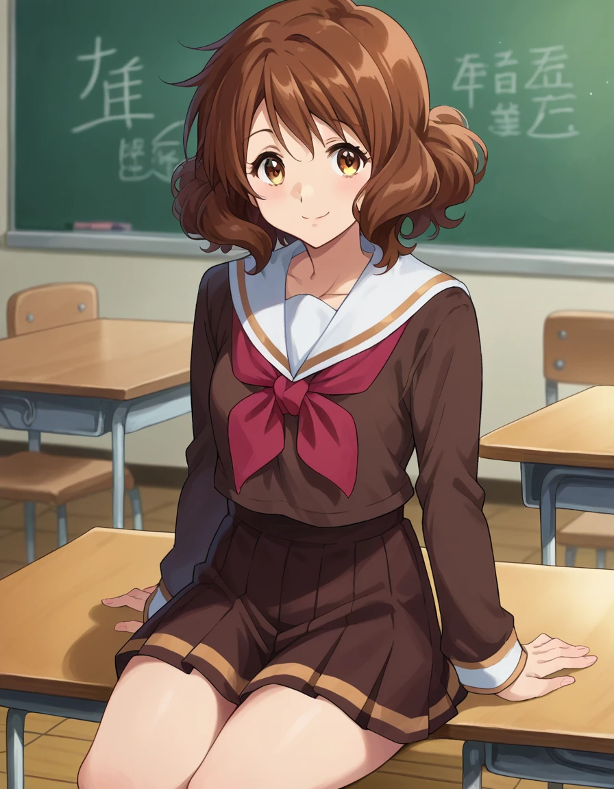 Highest quality, High resolution, masterpiece, (Beautiful Eyes), (Fine grain), Detailed face, kumiko oumae, Brown eyes, Brown Hair, short hair, Wavy Hair, smile,
skirt, shirt, Long sleeve, , pleated skirt, neckerchief, brown skirt, White sailor collar, brown shirt, Kitauji High , red neckerchief, indoor, classroom, Sitting, Chair, machine, View your viewers, Cowboy Shot, (skirtを持ち上げる:1.5), (Wide pelvis), (Thick thighs), (White panties)