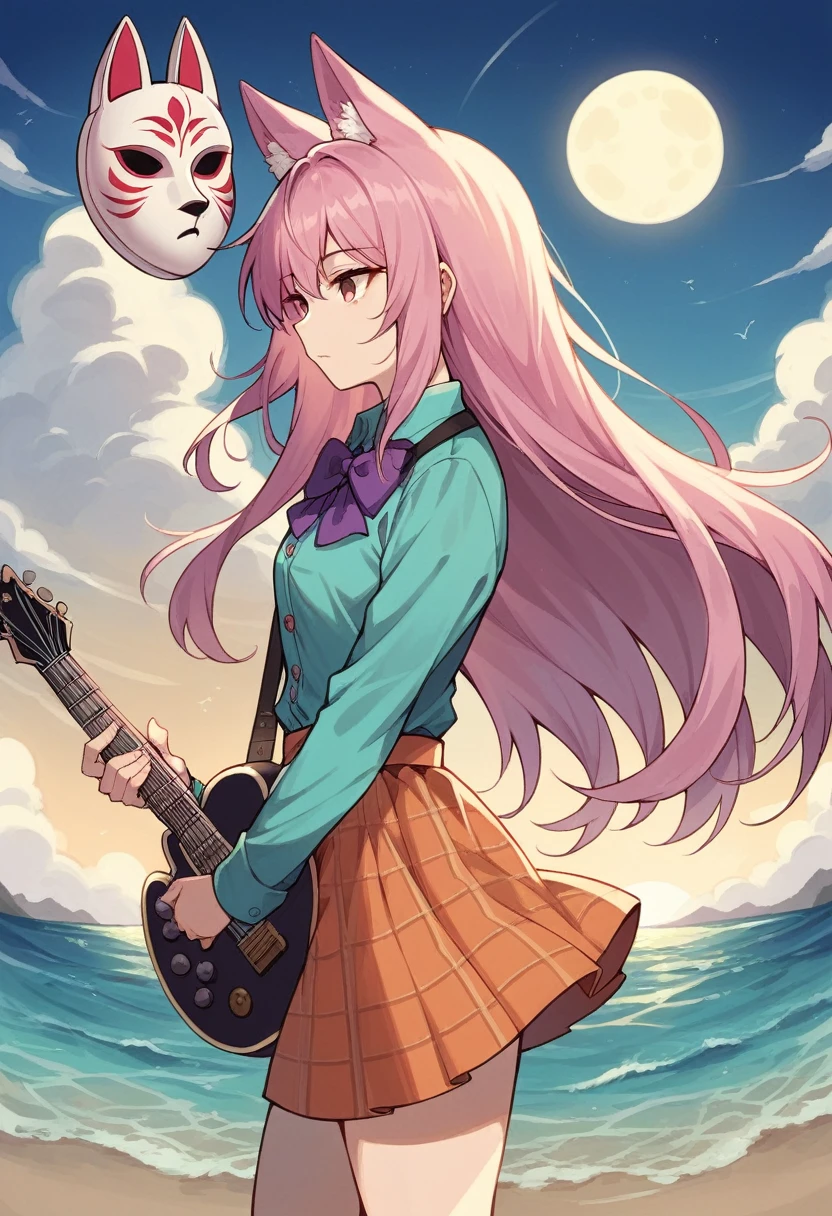 (1girl, koko), (guitar solo), bubble skirt, aqua shirt, bow, bowtie, buttons, collared shirt, expressionless, eyebrows hidden by hair, fox mask, cowboy shot, long hair, long sleeves, mask, multicolored buttons, pink eyes, pink hair, orange skirt, plaid, plaid shirt, purple bow, purple bowtie, shirt, skirt, solo, very long hair, sea, ocean, beach, cloudy, sunrays, dusk, moon, cloud, sky, outdoors, cloudy sky, leaf, ruins, sunbeam, post-apocalypse, side view