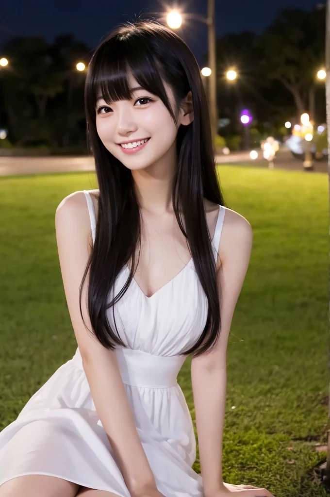 A Japanese girl in her twenties、With bangs,Black long hair,Night Park,white dress,Smiling