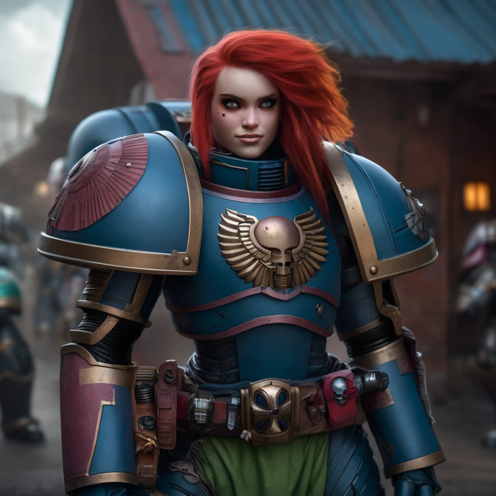 raw photo of a girl with a beautiful face and Crimson hair standing in village, smiling and looking at the viewer, she is wearing heavy armor, warhammer 40k, space marine, award winning photography, highly detailed, ultra detailed, 4k, 8k, wallpaper