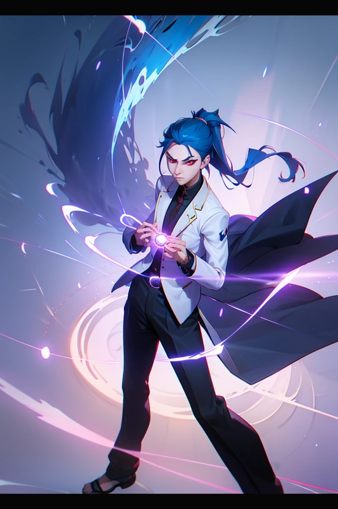 Man with black hair tied in a ponytail with light blue hair tips, spiral red eyes, a serious stance, with a coat of bright blue chakra energy covering his entire body as if it were a suit, black high neck long sleeve blouse, a pair of black pants, black sandals that only show your toes, two katanas on each side of his waist. The image is focused on the face, highlighting the eyes. manhwa