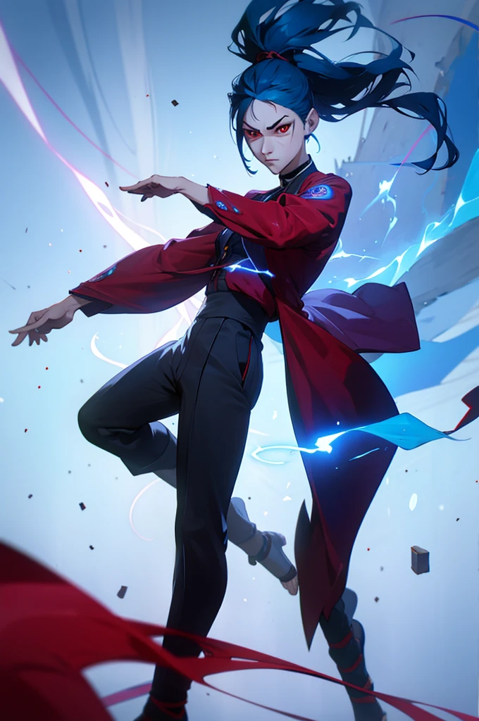 Man with black hair tied in a ponytail with light blue hair tips, spiral red eyes, a serious stance, with a coat of bright blue chakra energy covering his entire body as if it were a suit, black high neck long sleeve blouse, a pair of black pants, black sandals that only show your toes, two katanas on each side of his waist. The image is focused on the face, highlighting the eyes. manhwa